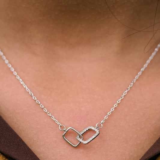 925 Silver Square Interlocking Zircon Square Pendant Necklace