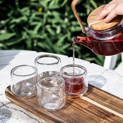 Glass Teapot Set With Wooden Tray, Double-Layer Glass Teacup