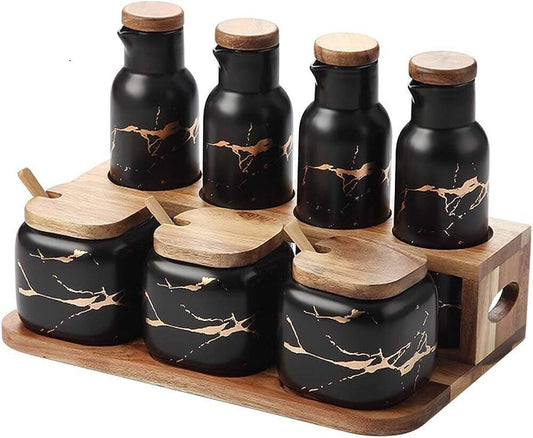 Ceramic Oil & Vinegar Dispenser Bottle and 3pcs Spices Set